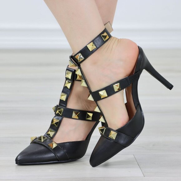 Black Pointed Toe High Heels Trendy Gold Studs Ankle Strap Stiletto's - Picture 3 of 13